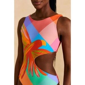 FARM Rio NWT One Piece Swimsuit Brazilian Painted Birds Cut Out Tropical XS